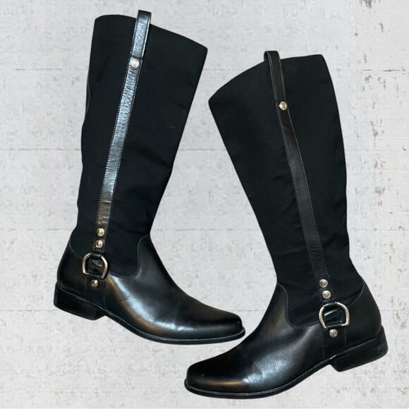 CIRCA JOAN & DAVID Black Leather Equestrian Knee High Boots 9.5 Zip Up - Picture 1 of 9